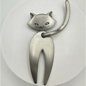 JJ vintage silver tone cat kitten feline articulated large figural brooch pin
